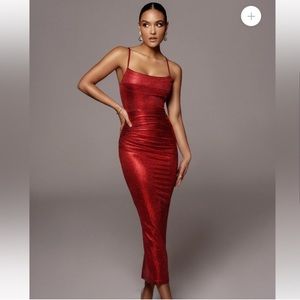 JLUX Label red metallic cowl neck dress
